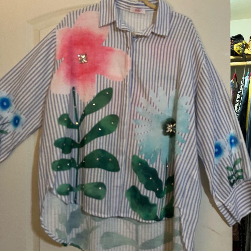 Yolly Striped Floral Button-Up Blouse - Pink & Blue - Picture 2 of 14